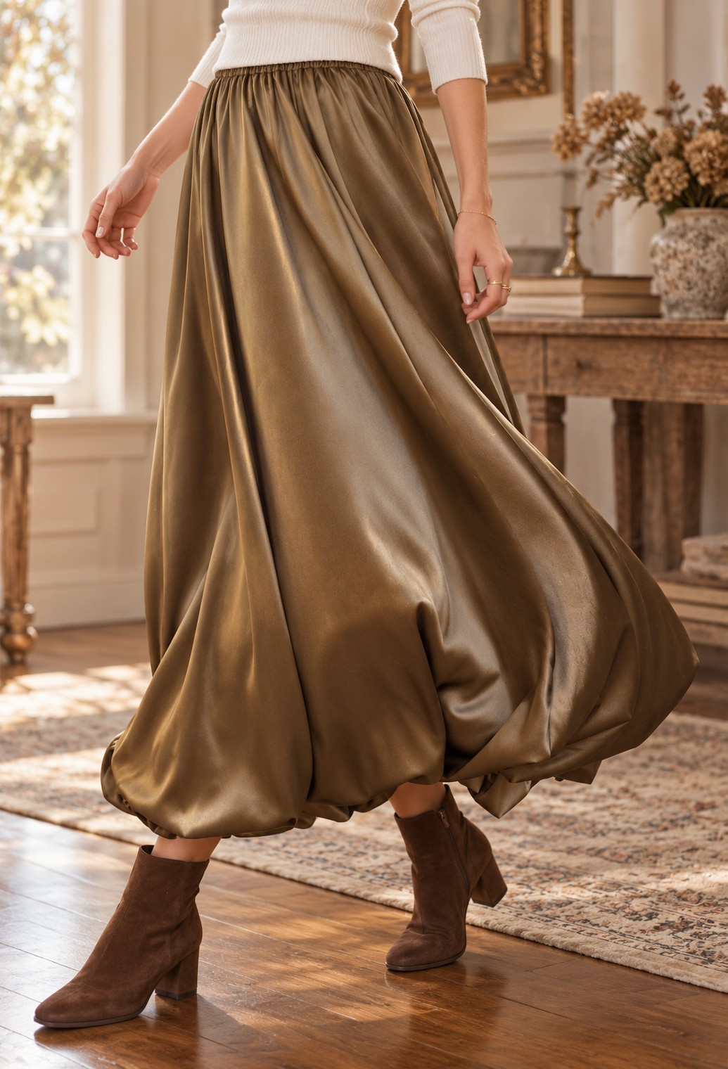 Antique gold bubble skirt showing its soft drape and rounded bubble hem