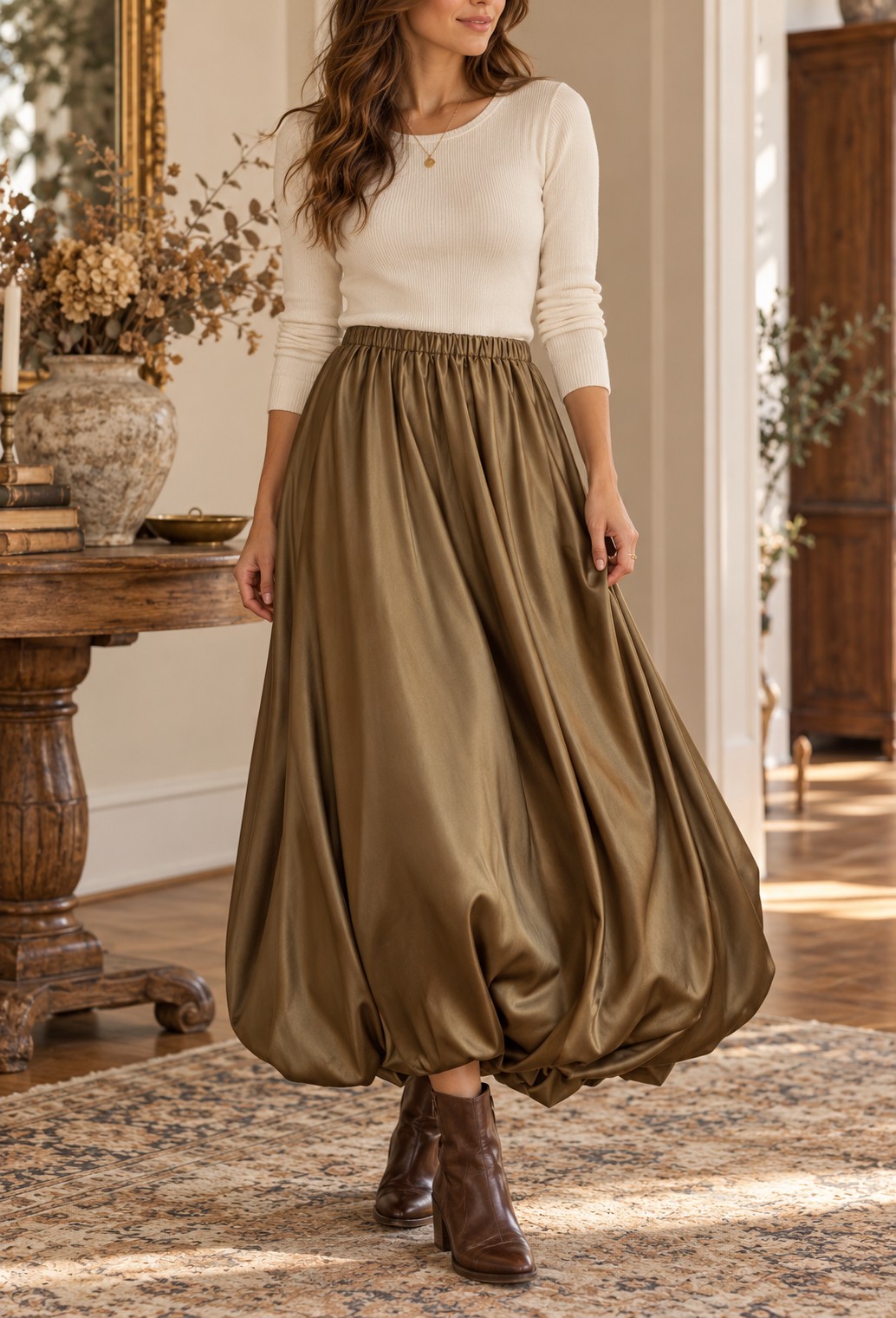 Antique gold bubble skirt with a softly gathered waist and rounded hem