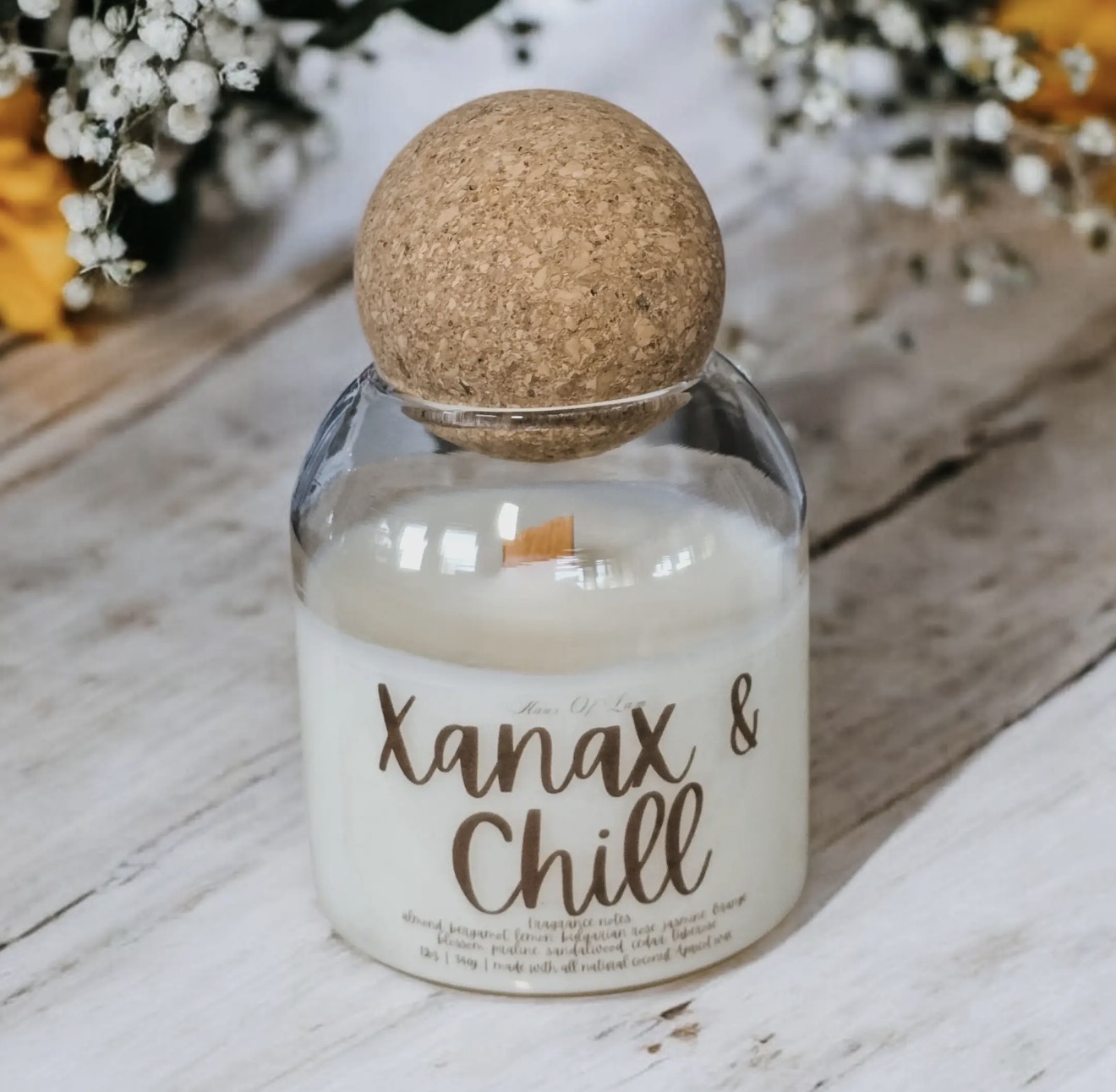 Xanax & Chill candle in a glass jar with a round cork lid