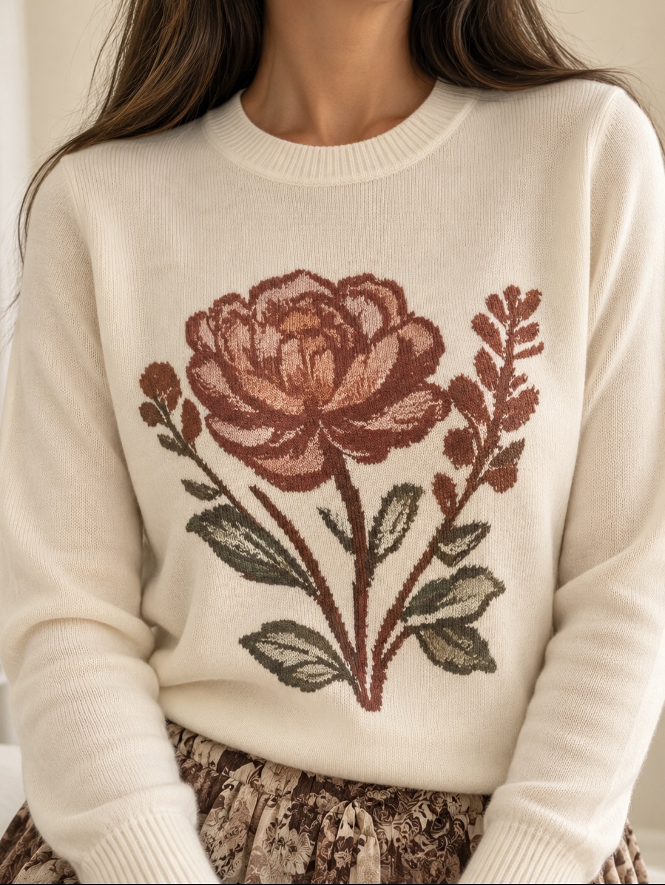 Close-up of the floral motif and ribbed neckline on the ivory sweater
