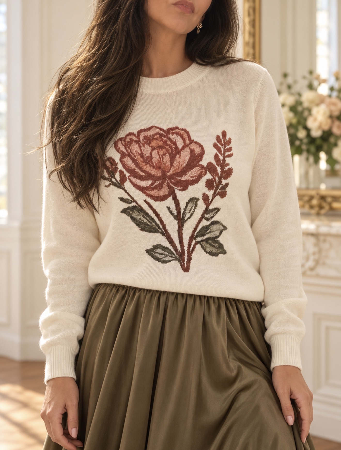 Ivory sweater with a rust and blush floral motif and olive leaves