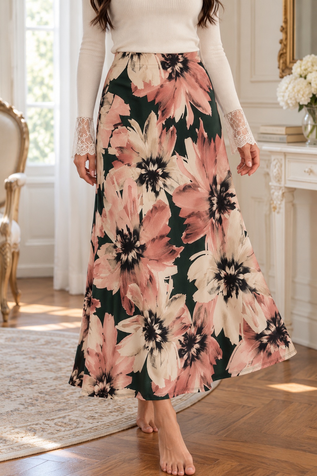 Closer view of the dark green floral skirt and flowing hem