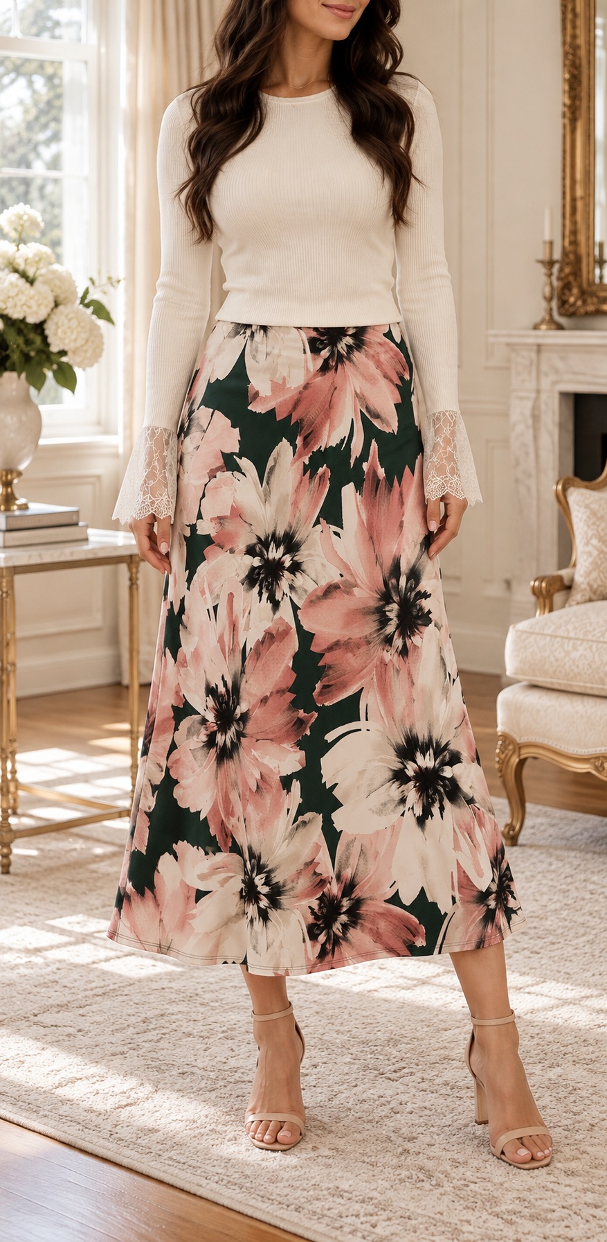 Dark green midi skirt with oversized blush and ivory flowers