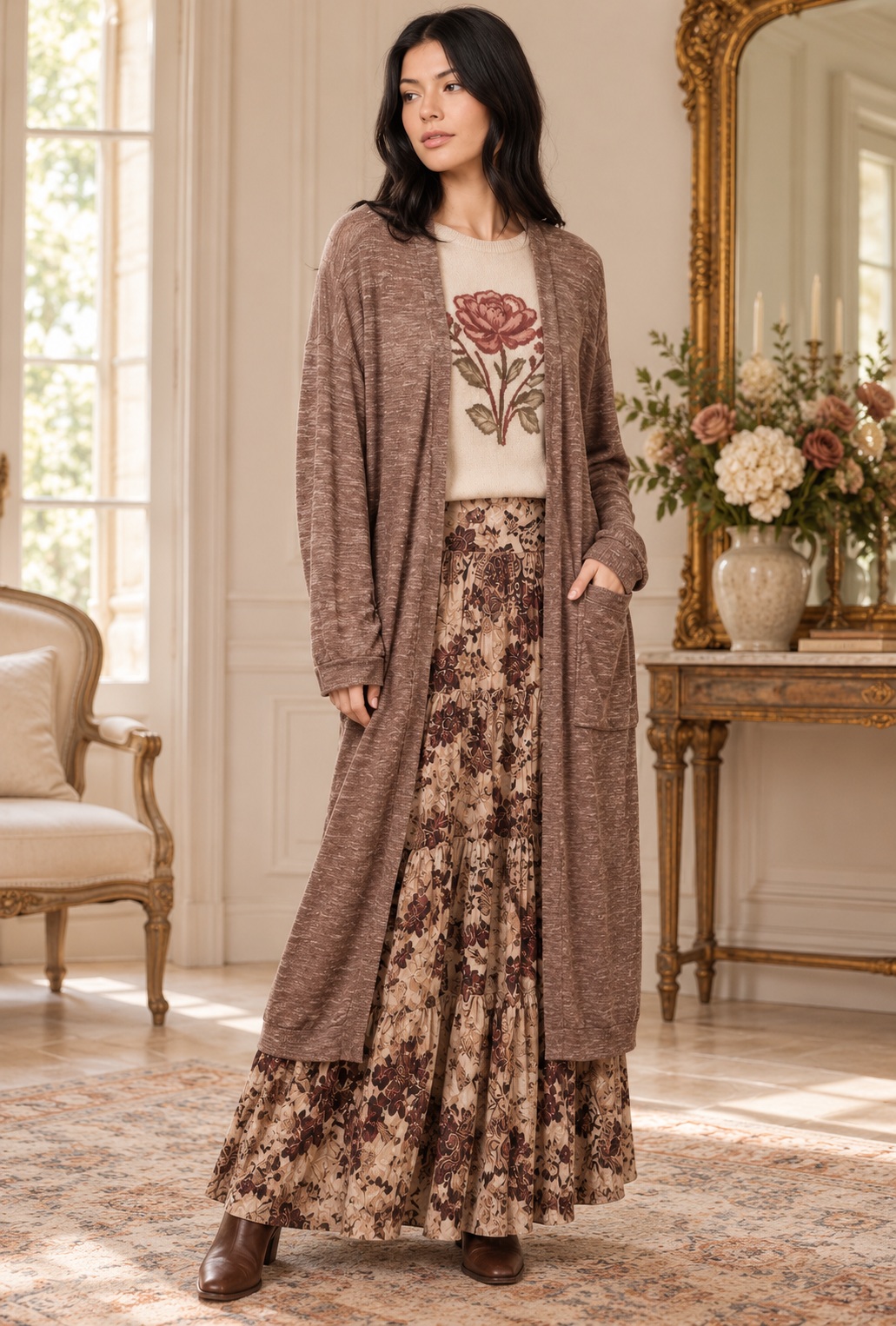 Alternate editorial view of the mocha duster showing its long drape and pocket