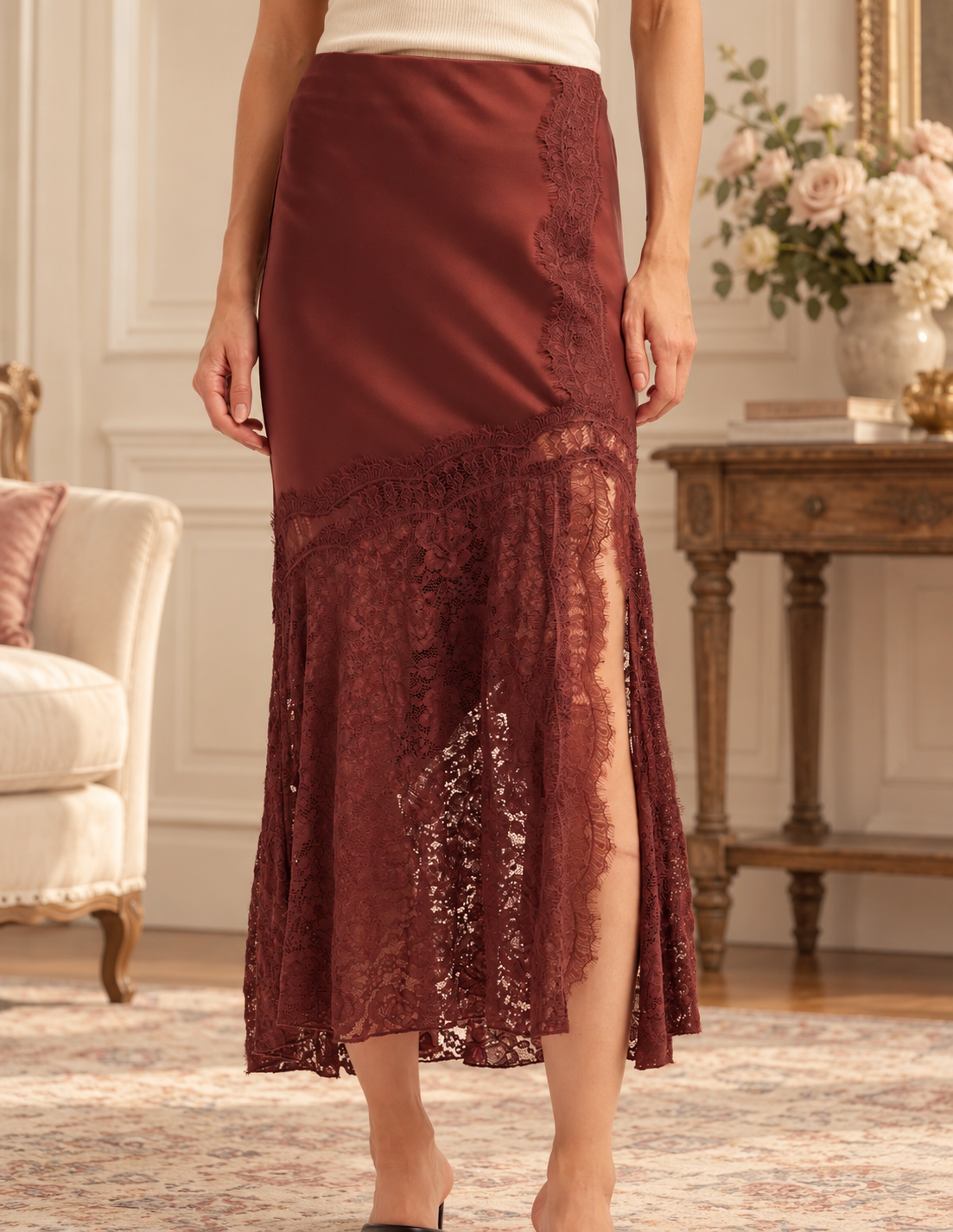 Burgundy satin skirt with a sheer floral lace lower panel and side slit
